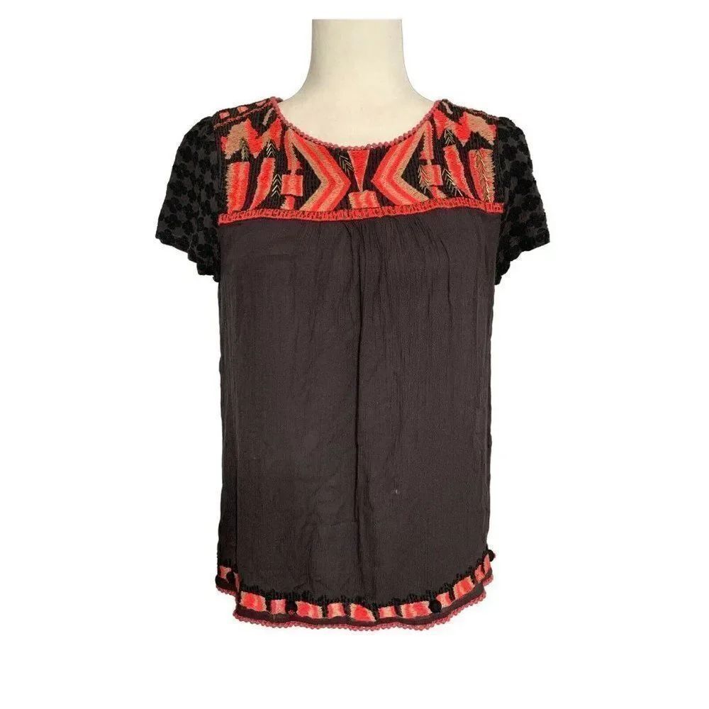 hd paris anthropologie womens black pink bohemian short sleeve top 8 Medium
